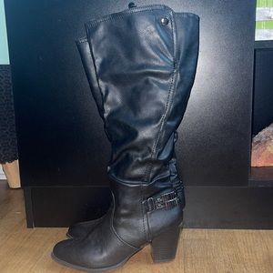 Knee High Slouchy Moto Boots with Buckle Strap